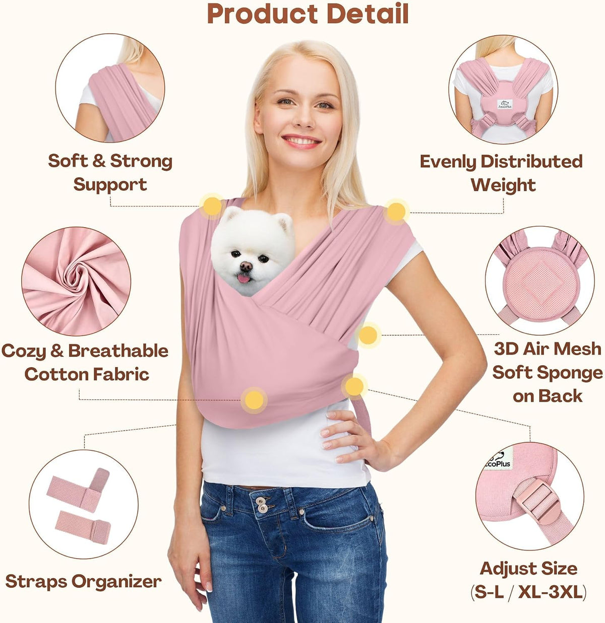 Small Dog Sling Carrier, Hands-Free - Light Pink / Regular - image 2