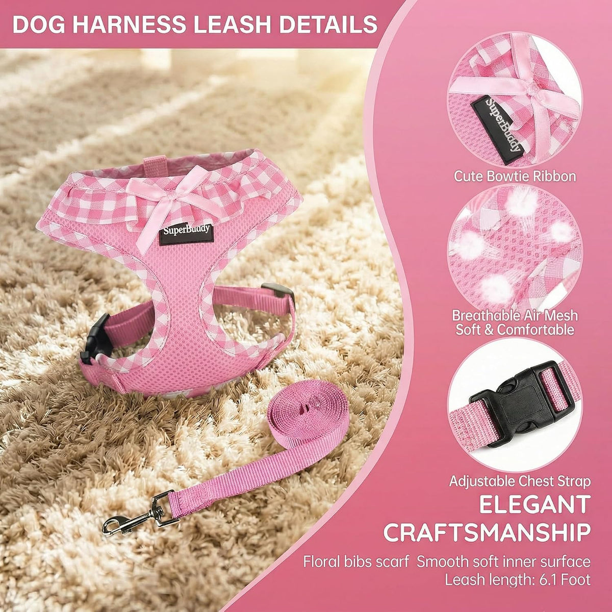 SuperBuddy Upgraded Soft Mesh Dog Harness - XS (Neck Girth 8.6"; Chest Girth: 11"-14") / Adorable Pink-2 - image 3
