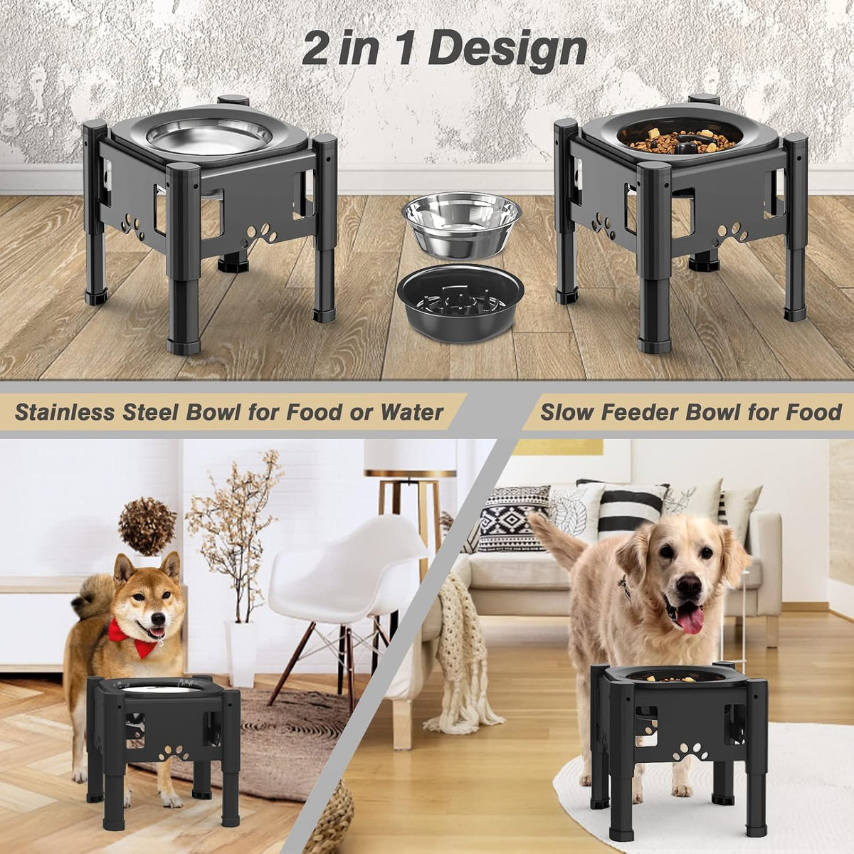 Lewondr Elevated Dog Water Bowl No Spill with 3 Heights Adjustable - Elevated Slow Feeder Dog Bowl - image 2