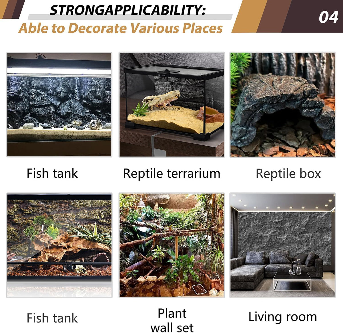 4pcs Rock Terrarium Background, 3D Reptile Tank Background Board - yellow-17.7"*11.8"（1pcs） - image 3