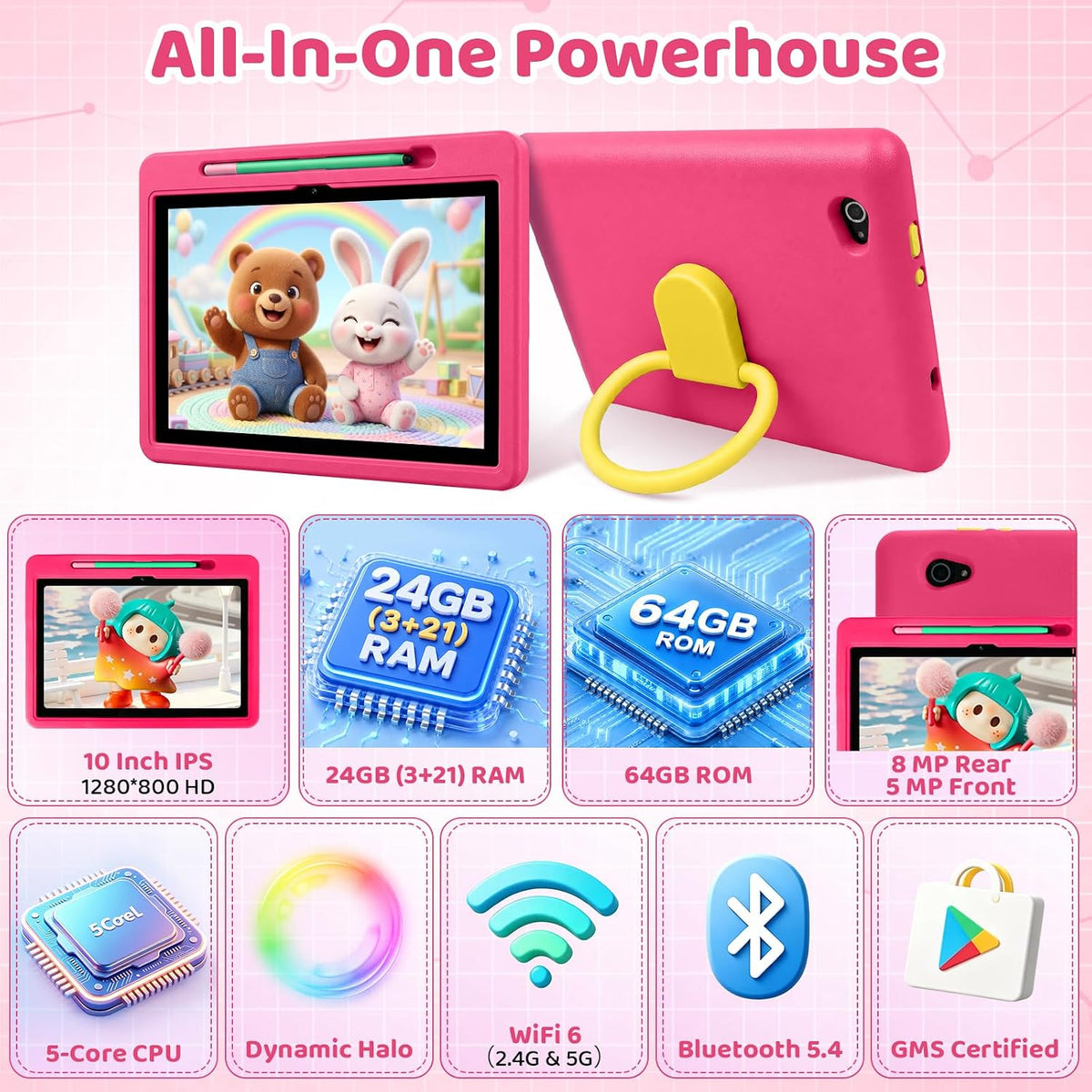 Android 16 Kids Tablet HD 10 Inch with Stylus & Case - Pink - image 3