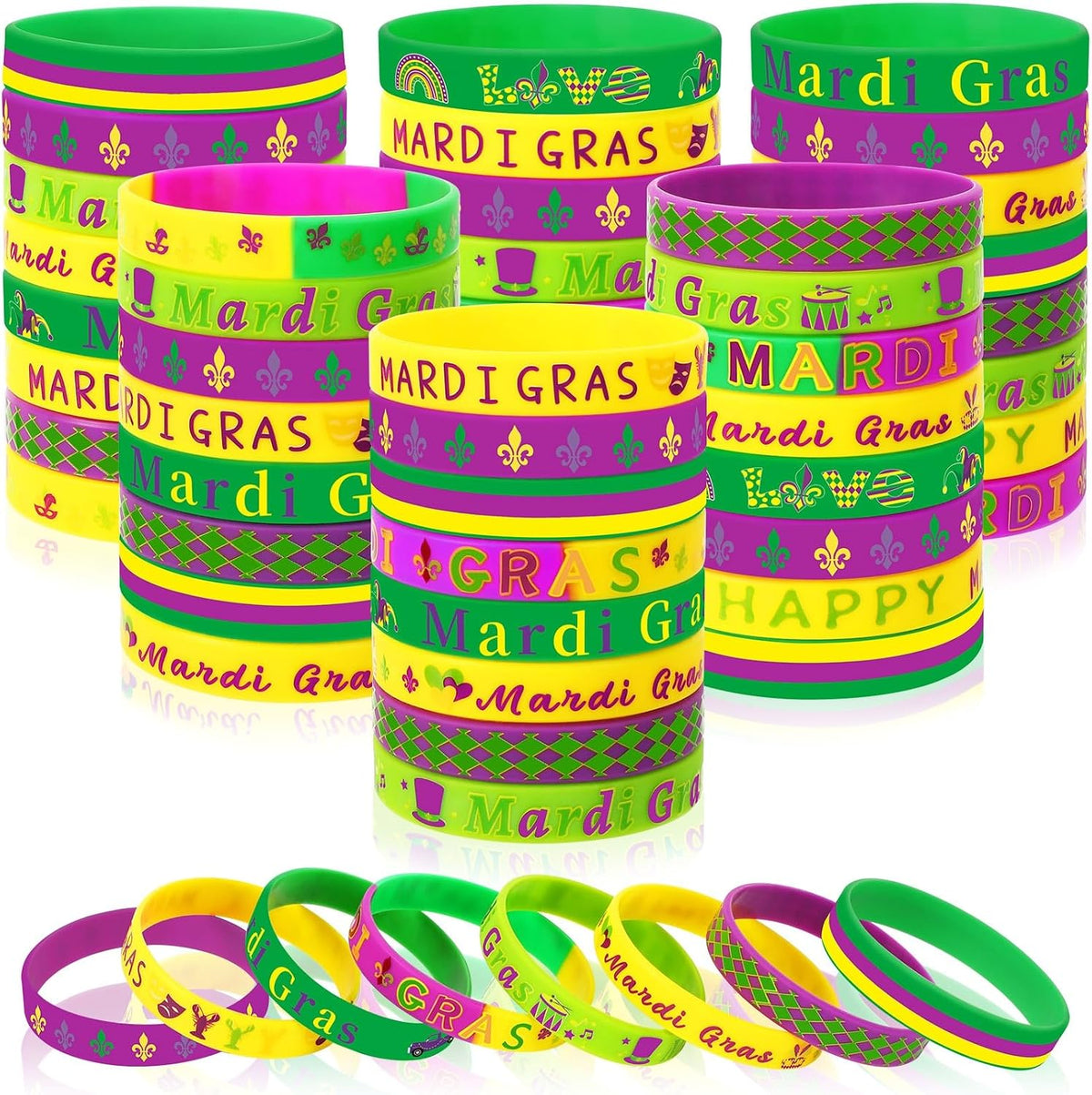JUNEBRUSHS 64pcs Halloween Party Favors Silicone Bracelets Rubber - Mardi Gras Carnival Party Style