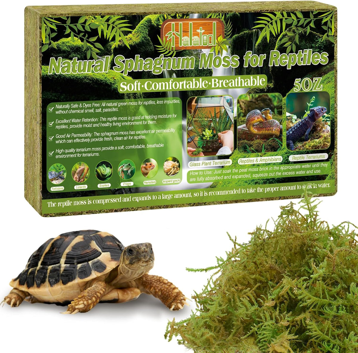 9 OZ Sphagnum Moss for Reptiles, Green Terrarium Moss - 5OZ