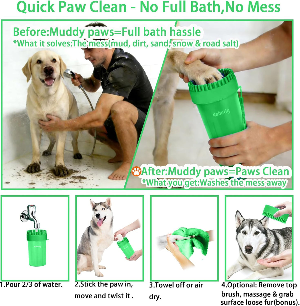 Dog Paw Cleaner Cup with Detachable Top Brush for Large & XL Dogs – Essentials for Dogs - Large(3Towels&Brush) / Green - image 3