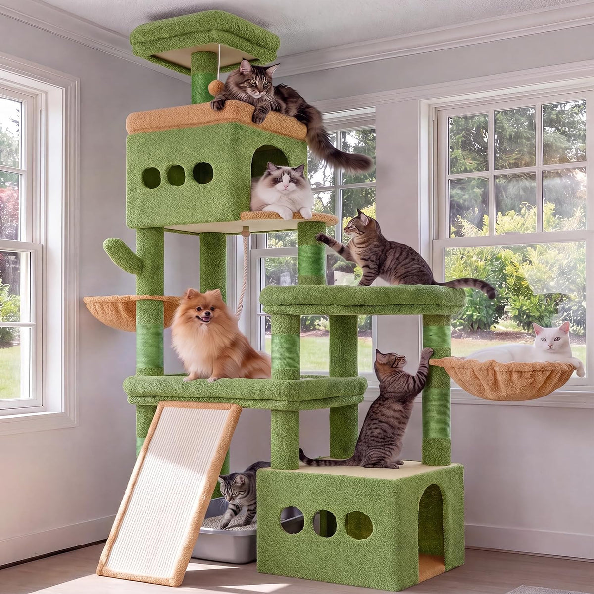 Heybly Cat Tree 72.4-Inch Anti-Tip Cat Tower with Spacious Perches - Green and Yellow / 72.4 inch