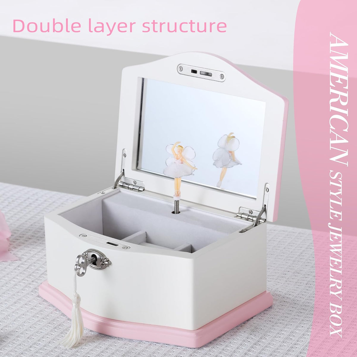 Ballerina Musical Jewelry Box with Mirror for girls，Kid's Jewelry - white/pink-medium - image 3