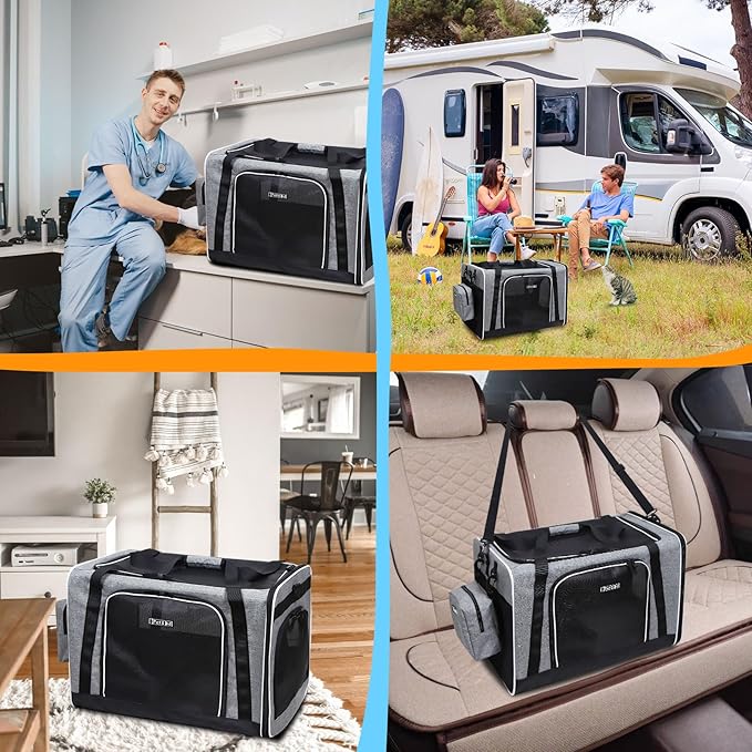 Petskd Extra Large Cat Carrier with Litter Box 24"x17"x17" for Medium Large Cat or 2 Small Cats, Collapsible Soft Sided Pet Carrier for Car Travel with Lockable Safety Zippers(Grey)