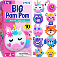 EZCRA pom pom craft kit with unicorn and animal pom poms, charms and felt stickers