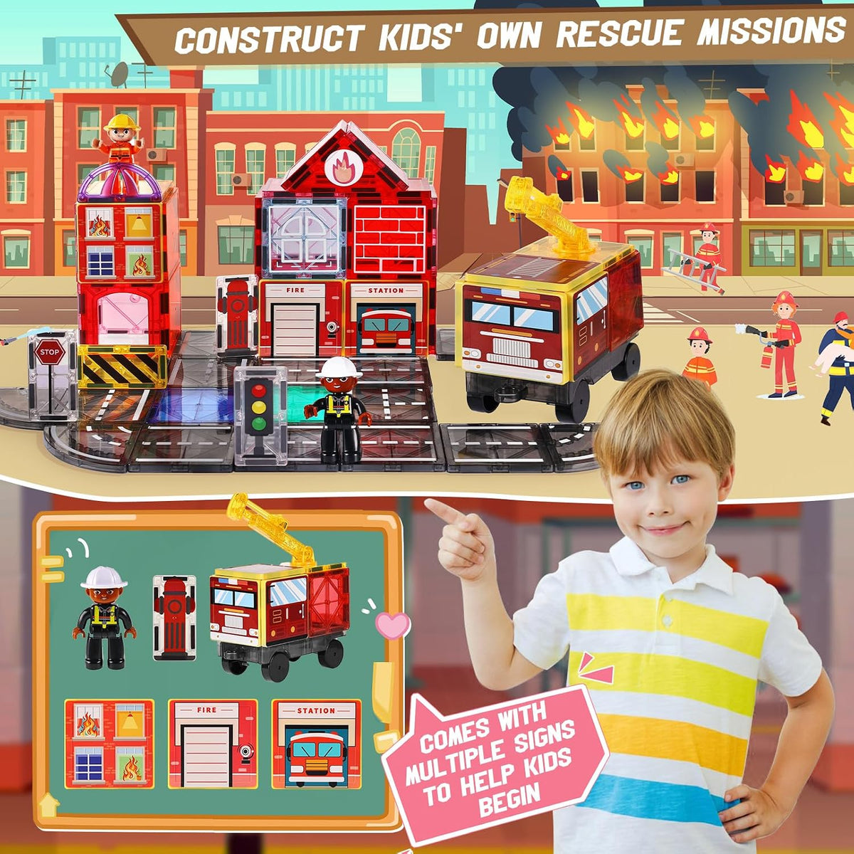 Lotmey magnetic tiles road set with 2 cranes, dolls, fire station and road tiles - view 4