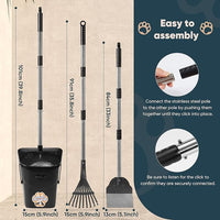 Stainless Steel Dog Pooper Scooper,40" Long Handle Swivel Bin, Rake and Spade,20 Waste Bags & Hook - Heavy Duty Portable Metal Poop Scooper for Large,Medium and Small Dogs