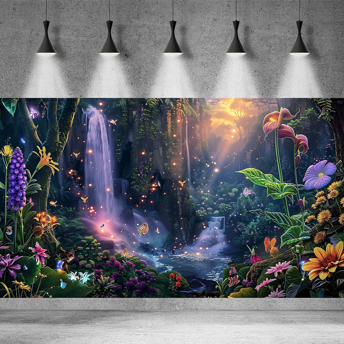 Fantasy Garden Aquarium Background Sunset Waterfall and Flowers - 48(W)x20(H)in / Purple - image 3