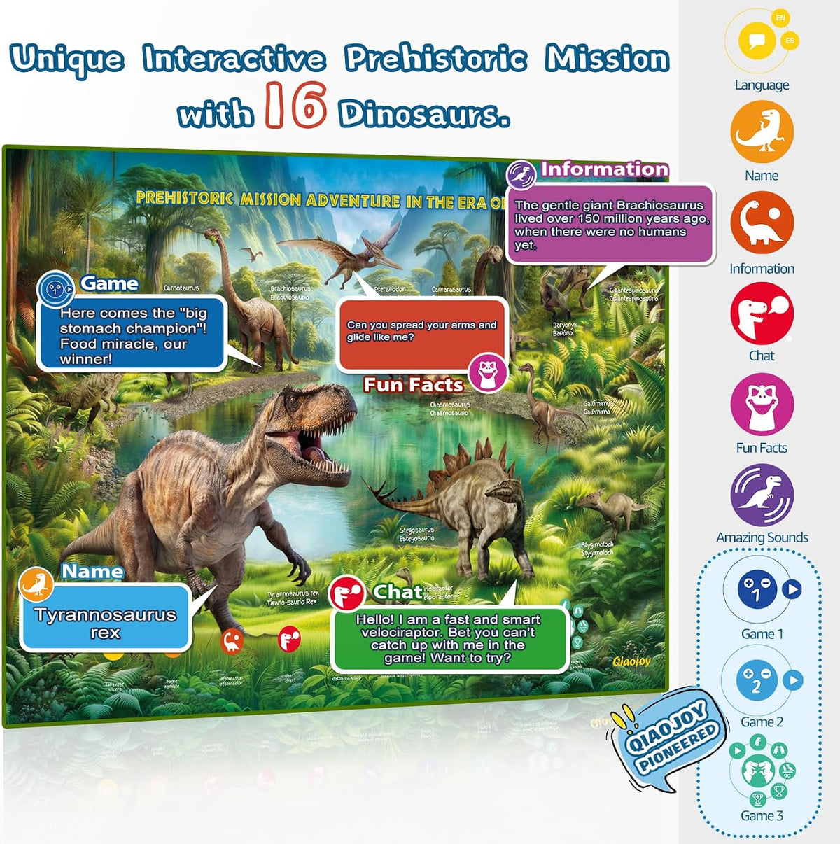 Qiaojoy Bilingual Interactive World Map for Kids Learning Educational - Space & Dinosaur Poster - image 2