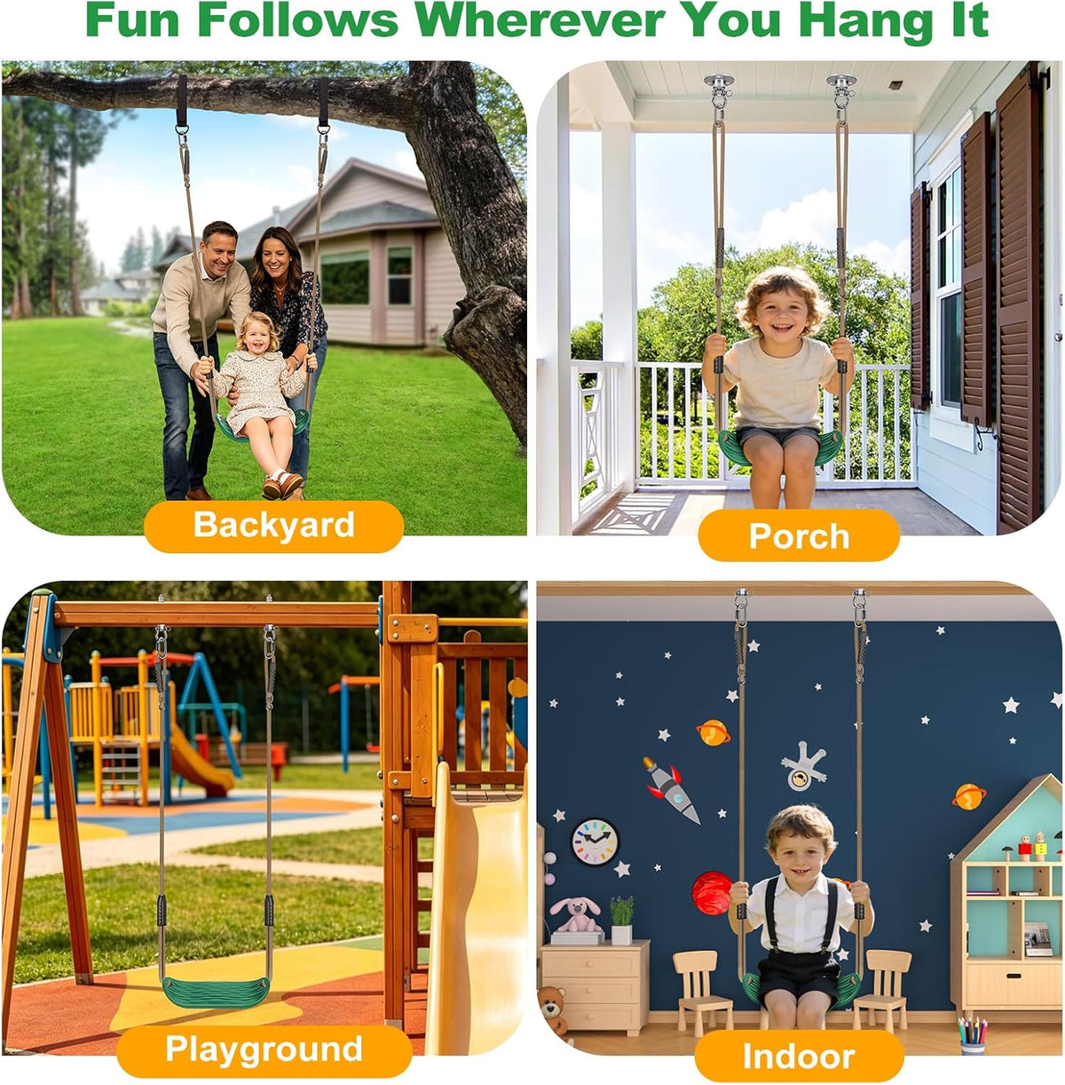 SELEWARE Black High Back Full Bucket Toddler Swing Seat w/Adjustable - Green U-shape Swing (1 Pack) - image 2