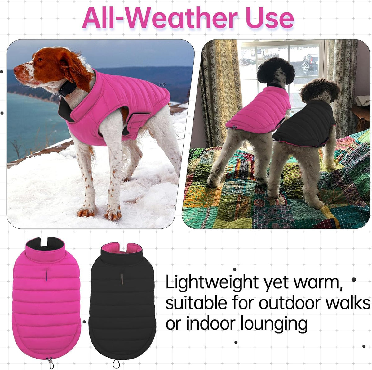 Lelepet Reversible Dog Coat Windproof Dog Jacket Lightweight Puffer - 3X Large / Rose Red - image 2