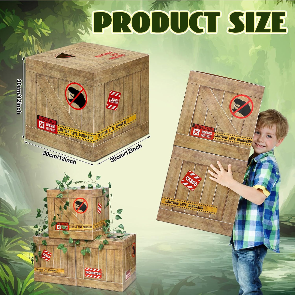 Bucherry 6 light brown dinosaur party decoration boxes with crate print and caution signs - view 2