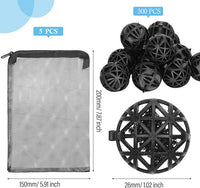 CHENGU 300 Pieces Black Bio Balls for Aquarium 1.02 Inch Internal Bioballs with 5 Pieces Aquarium Filter Media Bags with Zipper for Fish Tank Pond