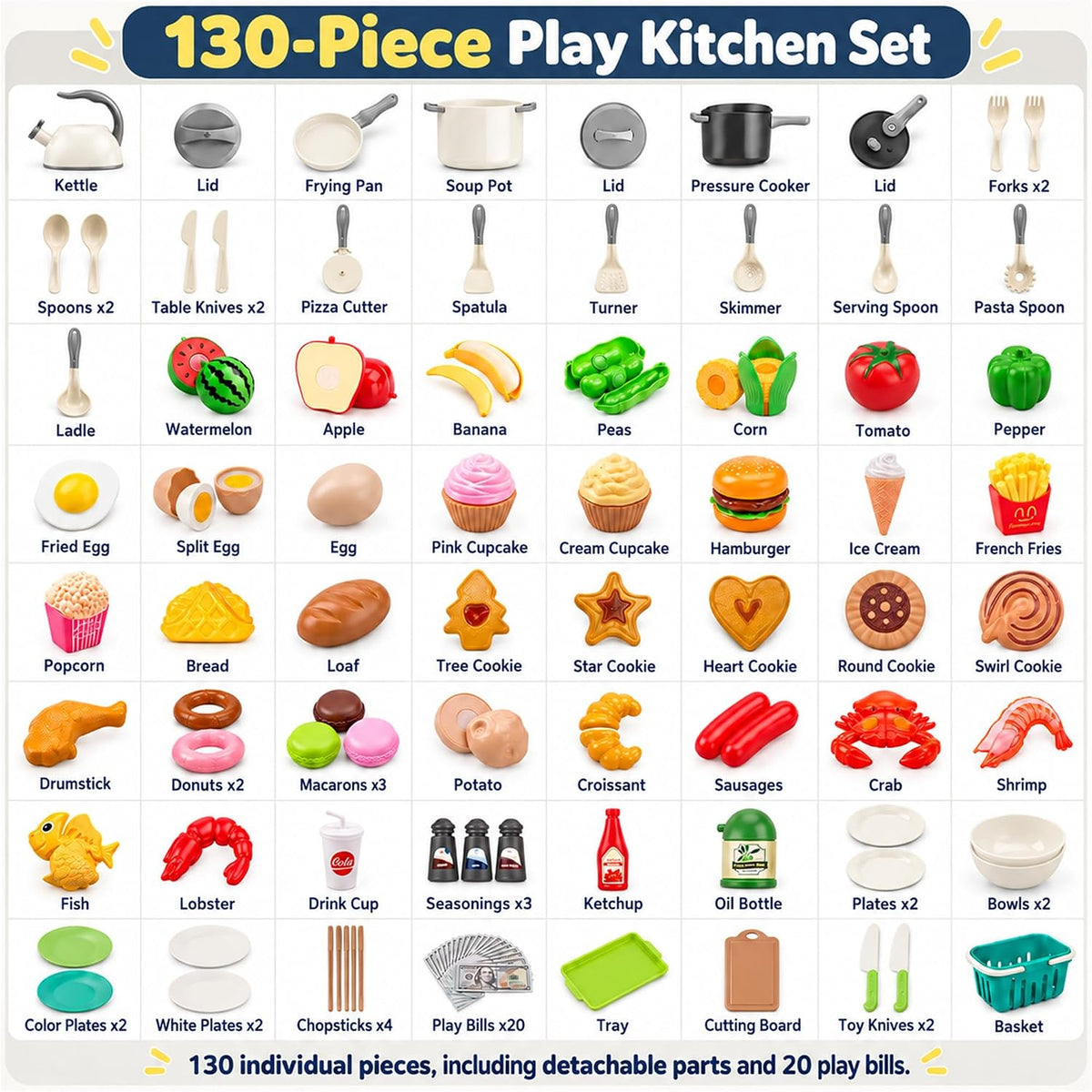130Pcs Kitchen Playset, Toddler Pretend Cooking Play Pots, Pans - White / 130 Pcs - image 2