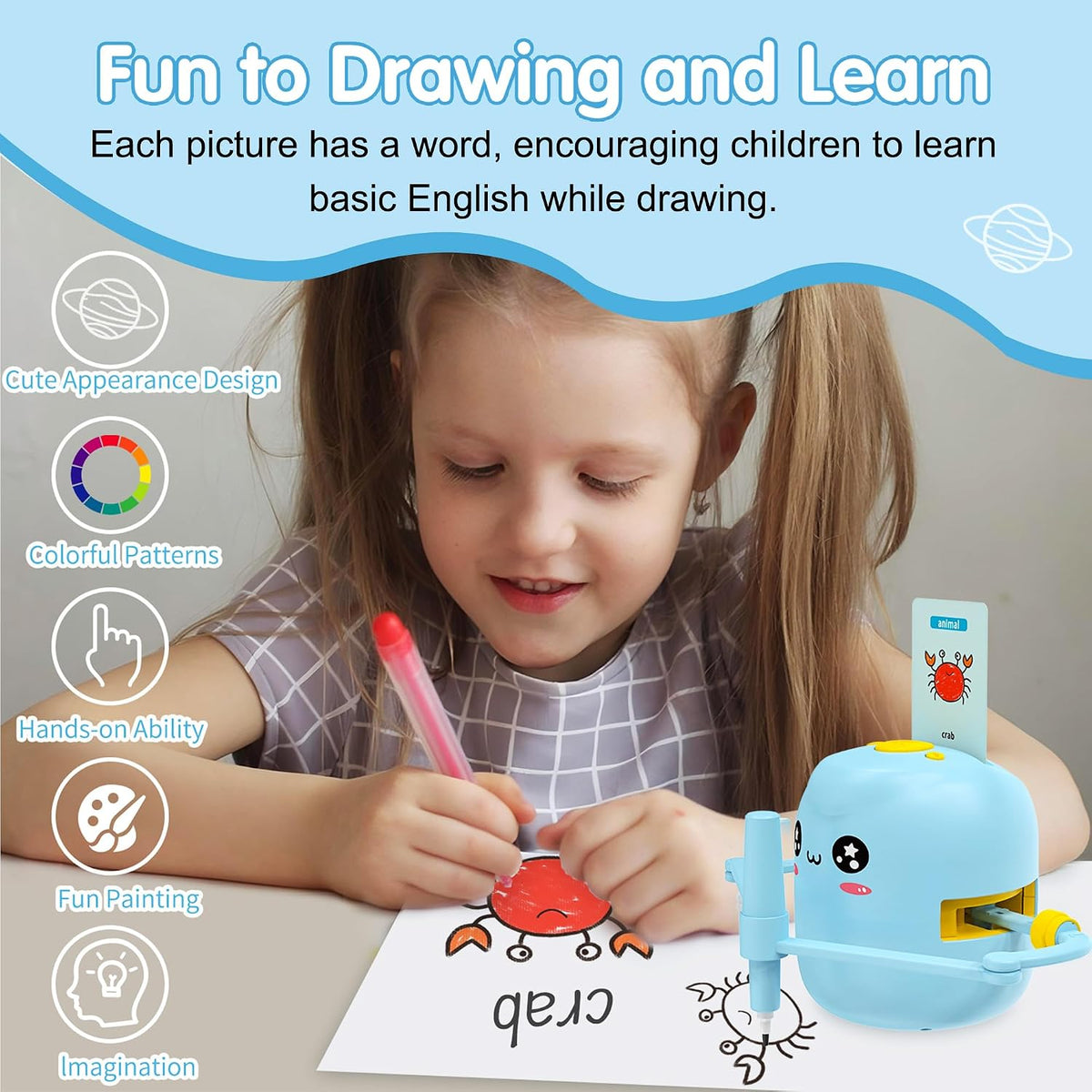 ERYMCS pink drawing robot for kids with picture cards and pens - view 7