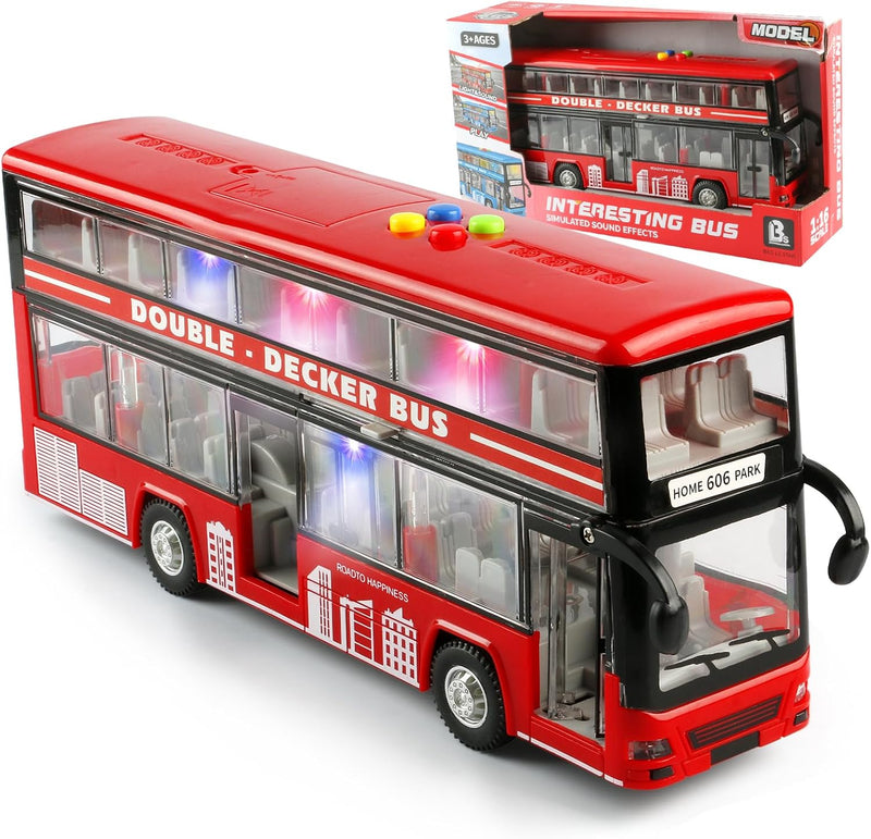 Cdymkf 11 inch blue double decker bus toy with LED lights and opening doors