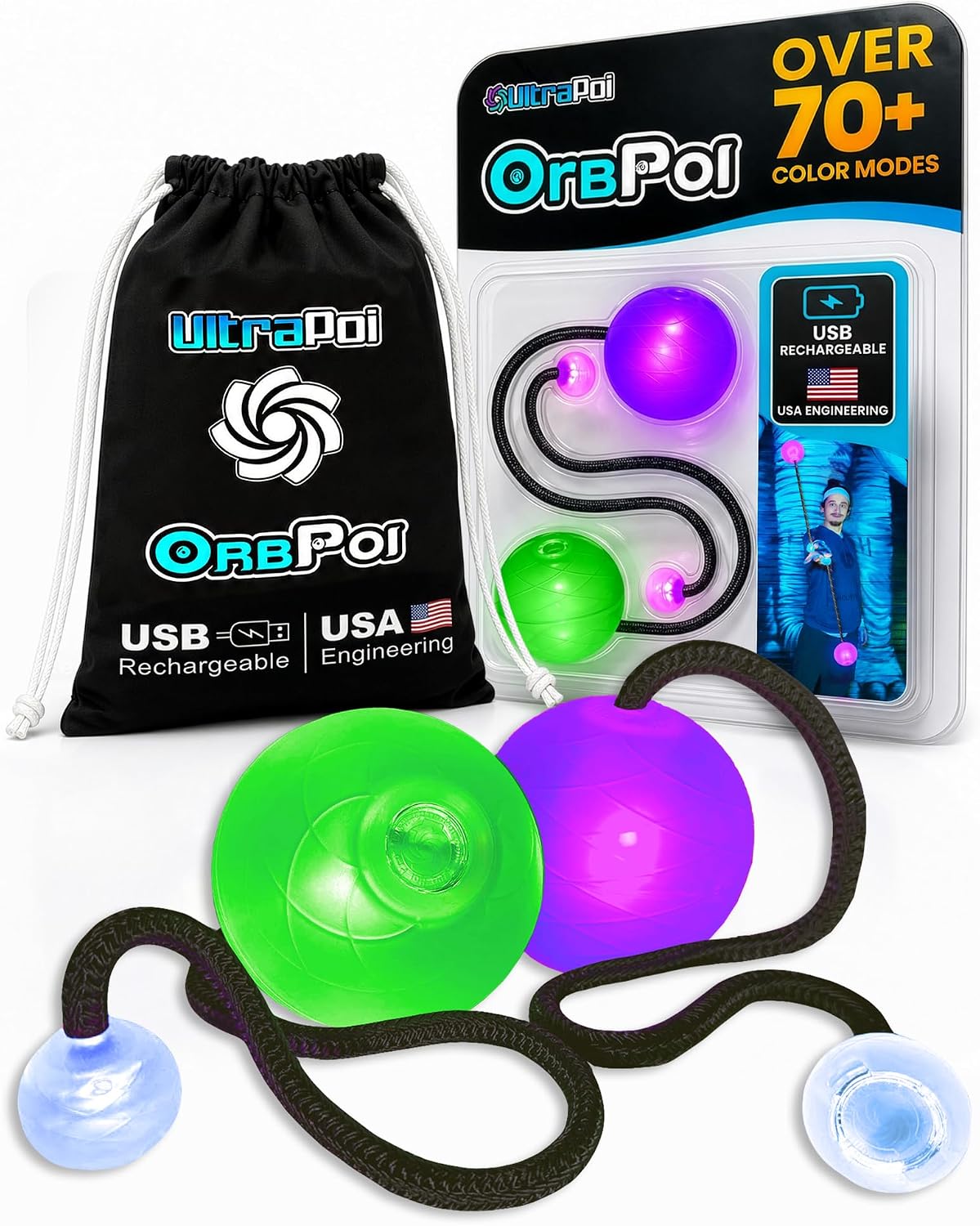 UltraPoi OrbPoi LED poi balls set with silicone knob handles, leashes and storage bag - view 2