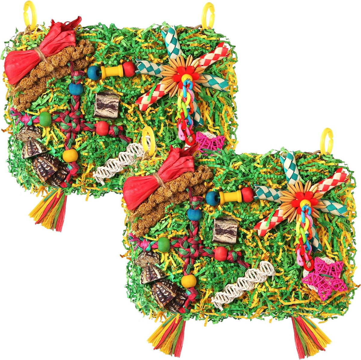 Bird Toys Parakeet Toys,Large-Sized Parrot Foraging & Shredding Cage Hanging Toys with Seagrass Mat - Colorful with Starfruit(2PCS)