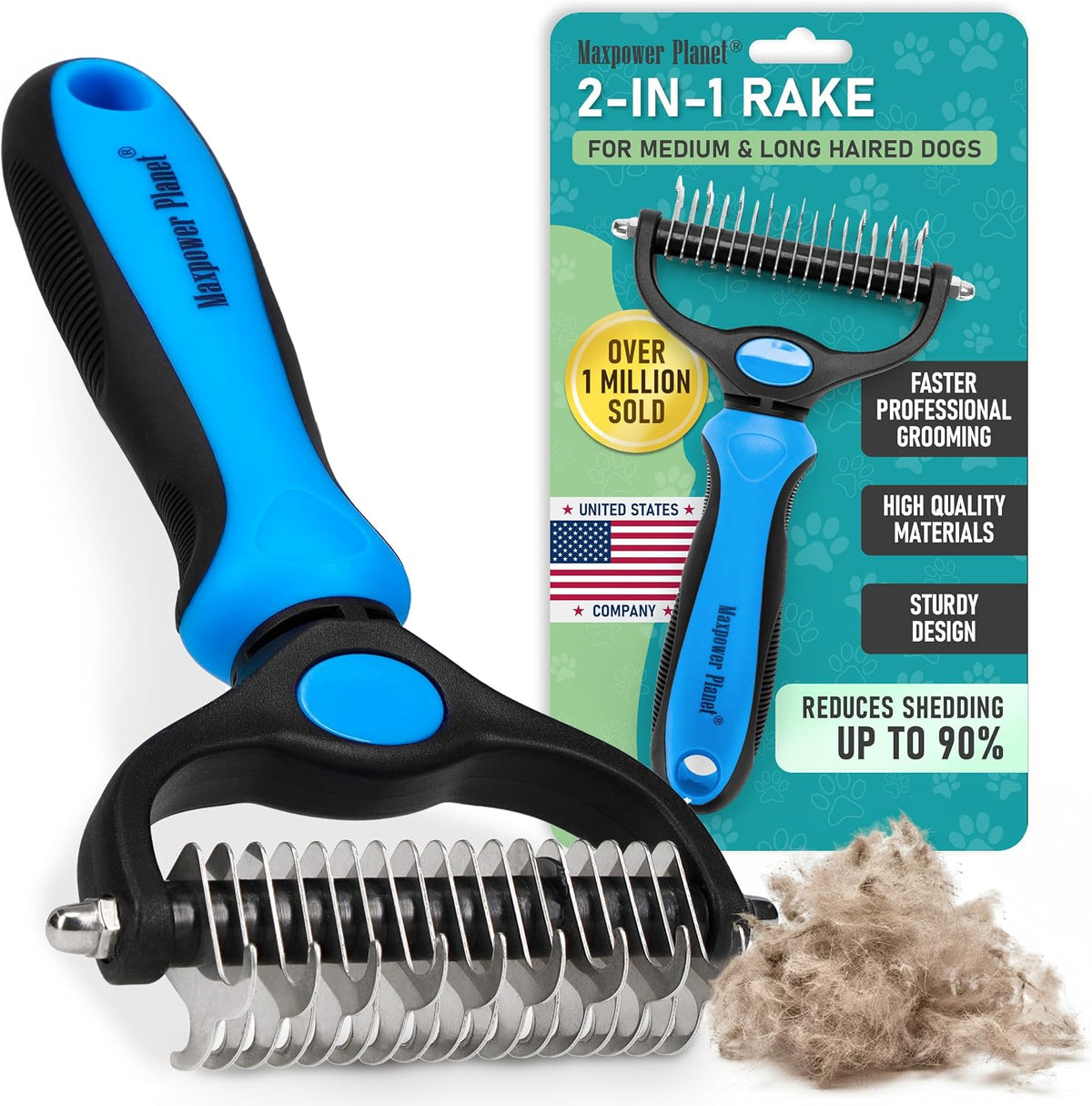 Maxpower Planet Dog Grooming Rake, Deshedding Undercoat Brush - Blue / Large
