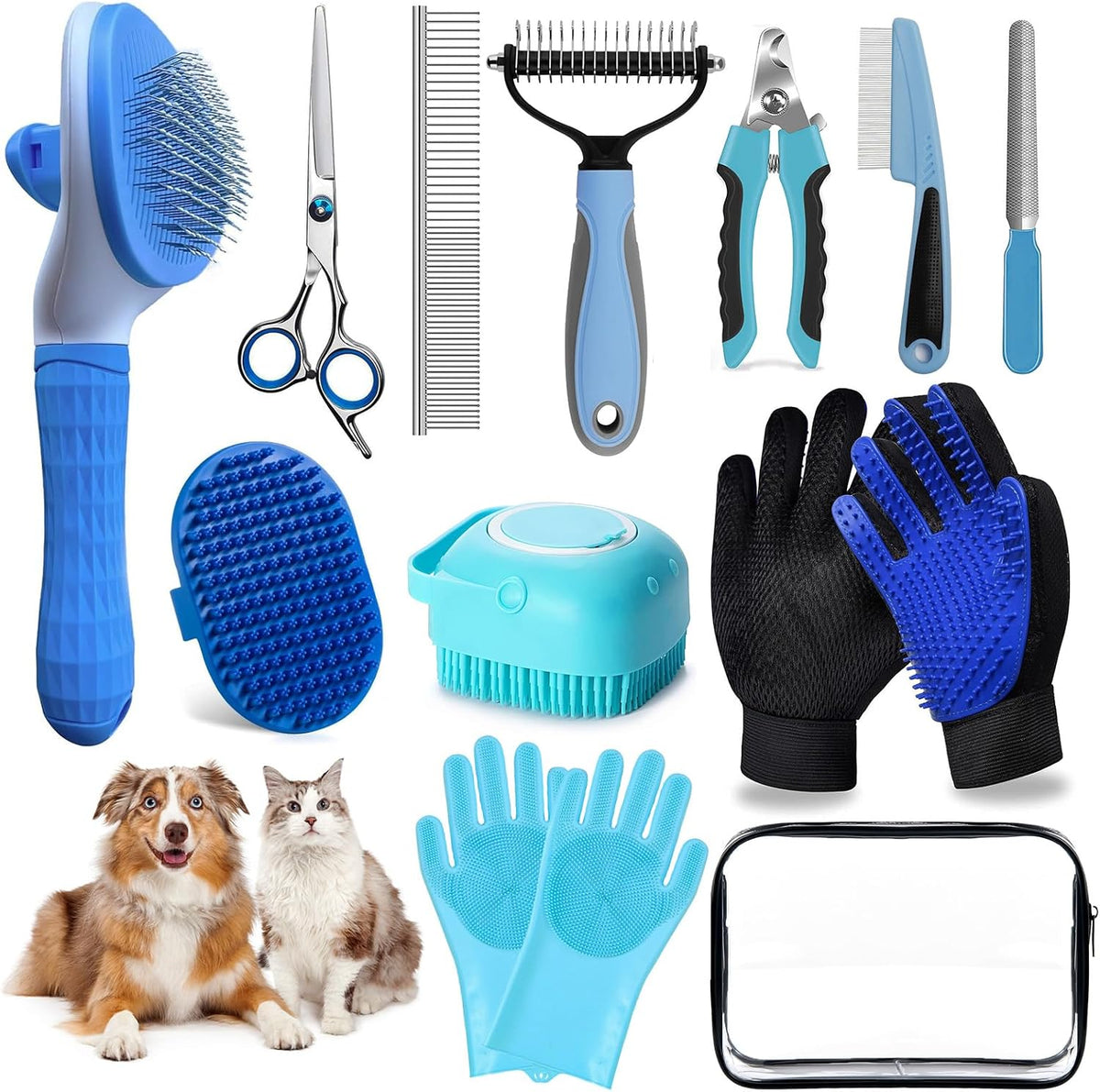 Dog Brush for Shedding 13pcs Bath Grooming Kit with Pet Nail Clipper - Blue 13pcs