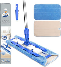 MR.SIGA Professional Microfiber Mop for Hardwood, Laminate, Tile Floor Cleaning, Stainless Steel Telescopic Handle - 3 Reusable Flat Mop Refills and 1 Dirt Removal Scrubber Included
