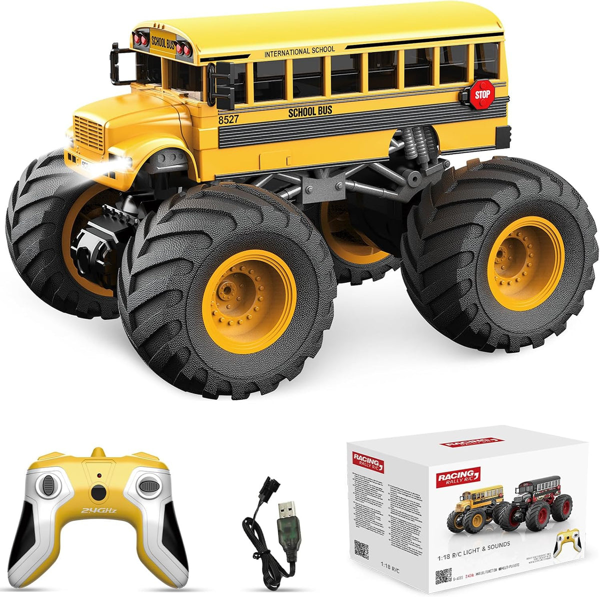 Desdoni 1:18 scale remote control school bus toy with LED headlights