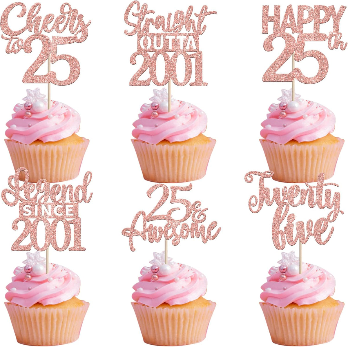 24PCS Black Happy 50th Birthday Cupcake Toppers Fifty Straight Outta - Rose Gold / 25th
