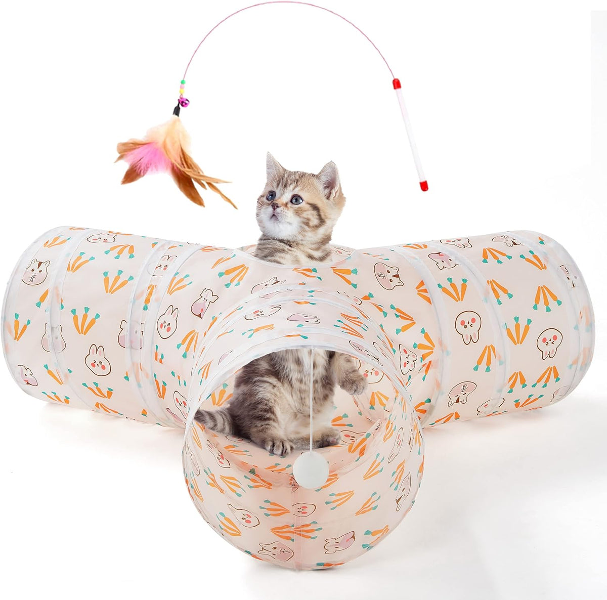 Tempcore Cat Tunnel, 3-Way Collapsible Toy for Indoor Cats - Pink Rabbit / Small
