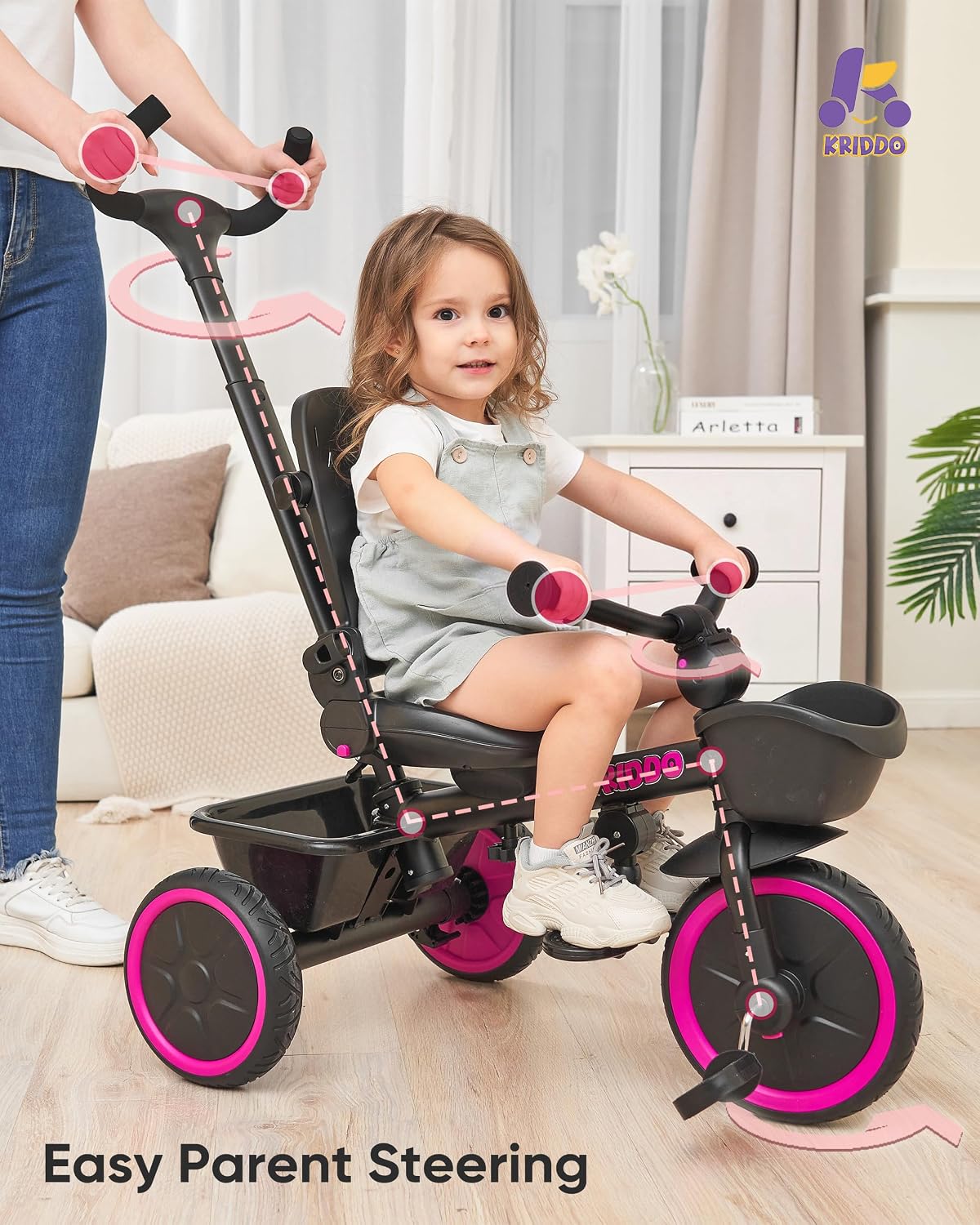 KRIDDO 7-in-1 toddler push tricycle with parent steering handle and canopy - view 8