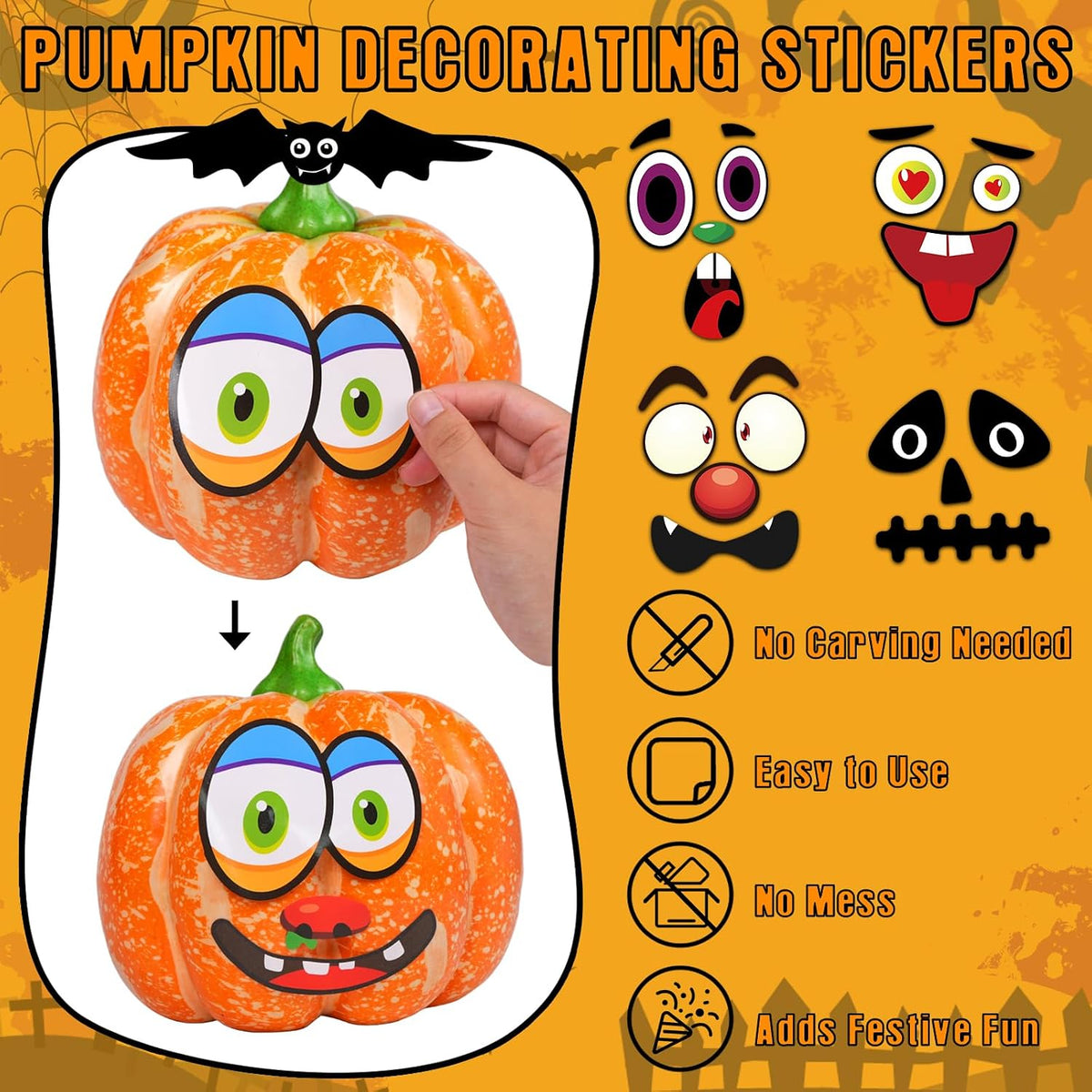 Aowplc Halloween pumpkin face stickers for kids, 32 small faces on vinyl sheets - view 5