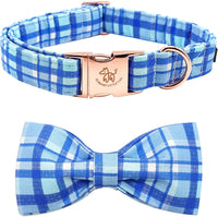 Dog Collar with Bow, Elegant Little Tail Blue Plaid Boy Dog Collar Cute Bow – Essentials for Dogs - Blue Plaid / Medium (Pack of 1)