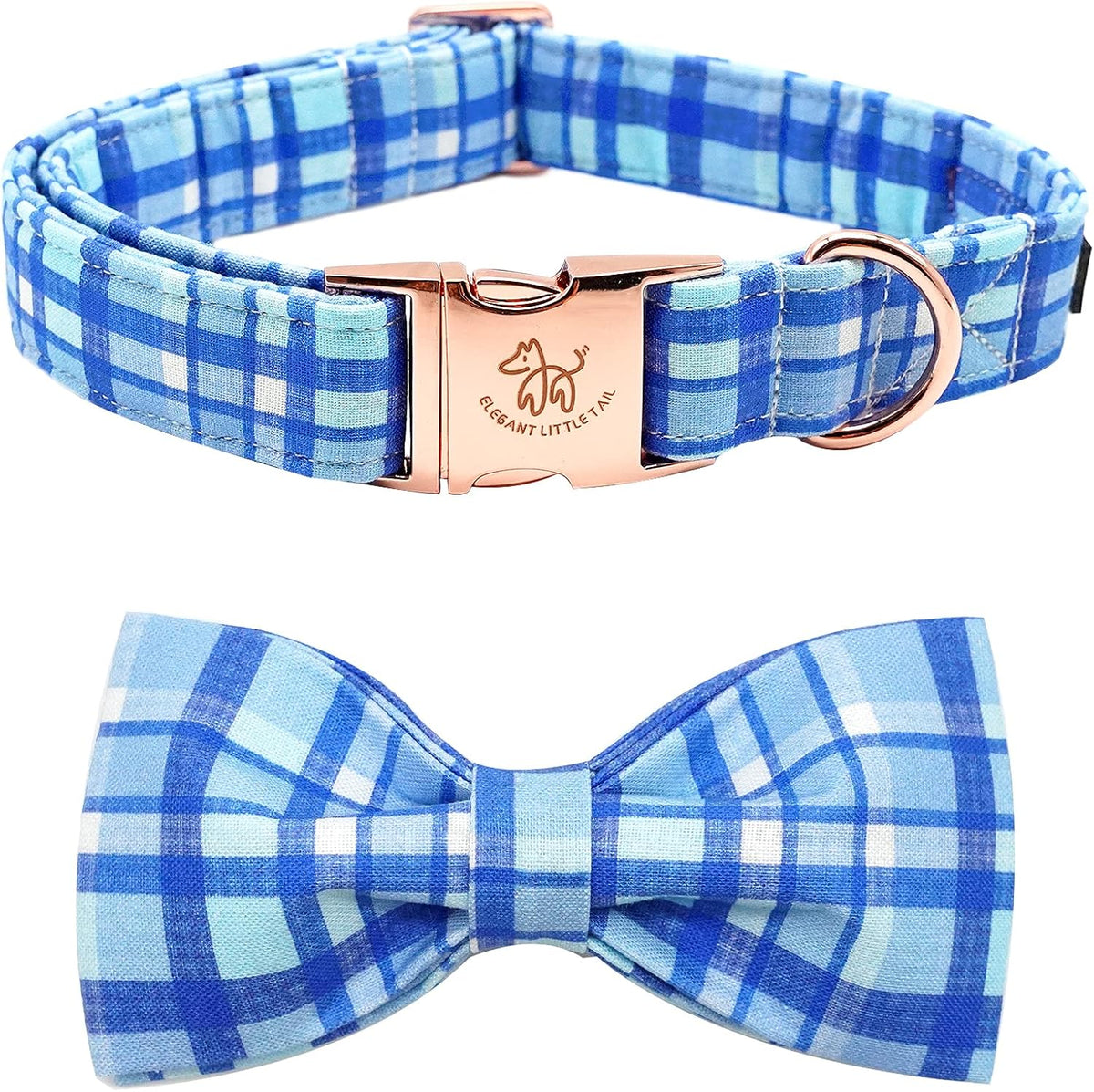 Dog Collar with Bow, Elegant Little Tail Blue Plaid Boy Dog Collar Cute Bow – Essentials for Dogs - Blue Plaid / Medium (Pack of 1)