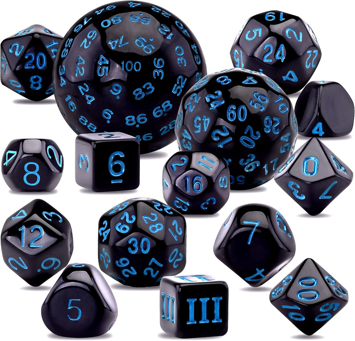 AUSTOR 15 Pieces Complete Polyhedral Dice Set D3-D100 Game Dice Set – Fun for Kids & Family - Black & Blue