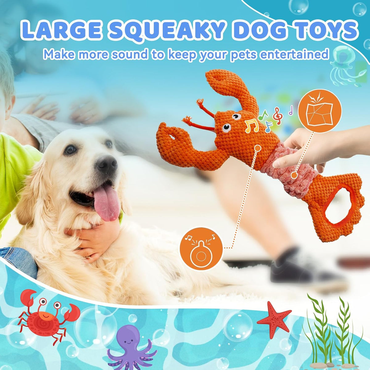 Tug of War Dog Toy, Squeaky Dog Toys Interactive Duck Puppy Toys – Essentials for Dogs - Orange Lobster - image 4