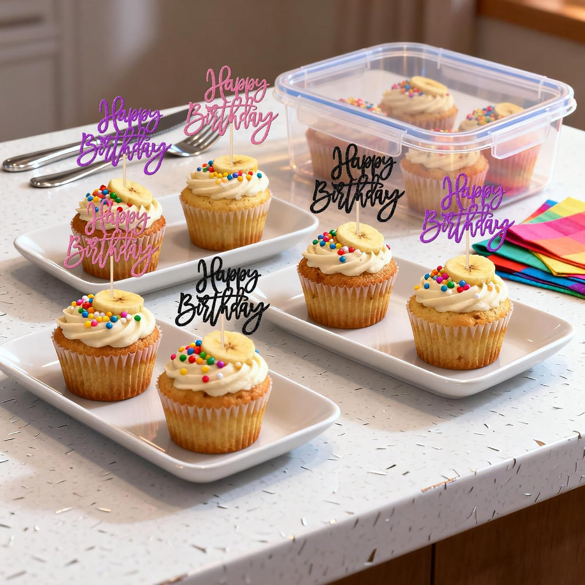 24 PCS Happy Birthday Cupcake Toppers Glitter Picks for Celebrating - Black Purple Pink - image 4