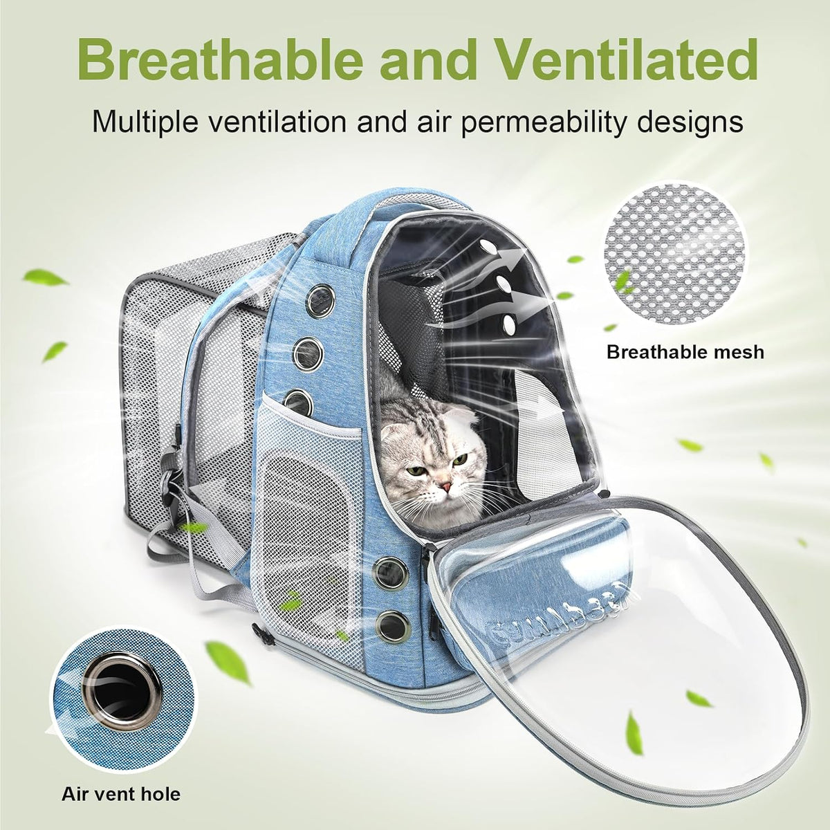 Cat Backpack Carrier, Breathable Cat Carrier Large Space Bubble Pet Backpack for Kitty Small Dog up - Square Expandable- Blue - image 3