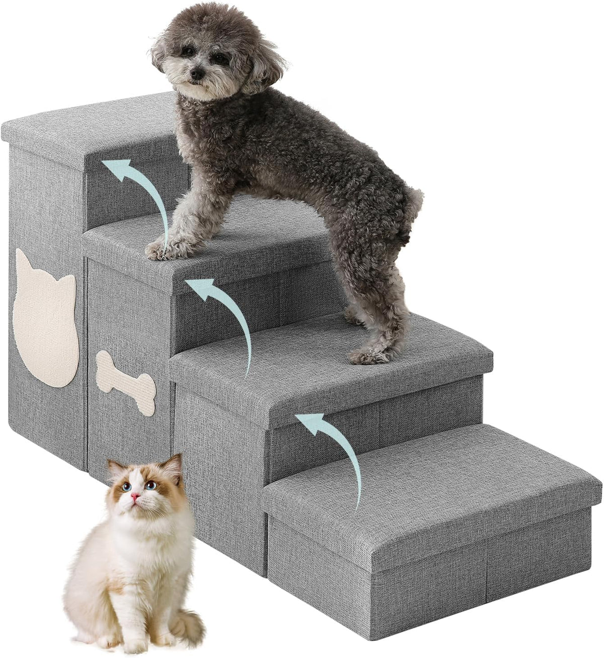 3-Step Dog Stairs for Small Dogs, Folding Dog Steps for Bed - Grey / 4-Step