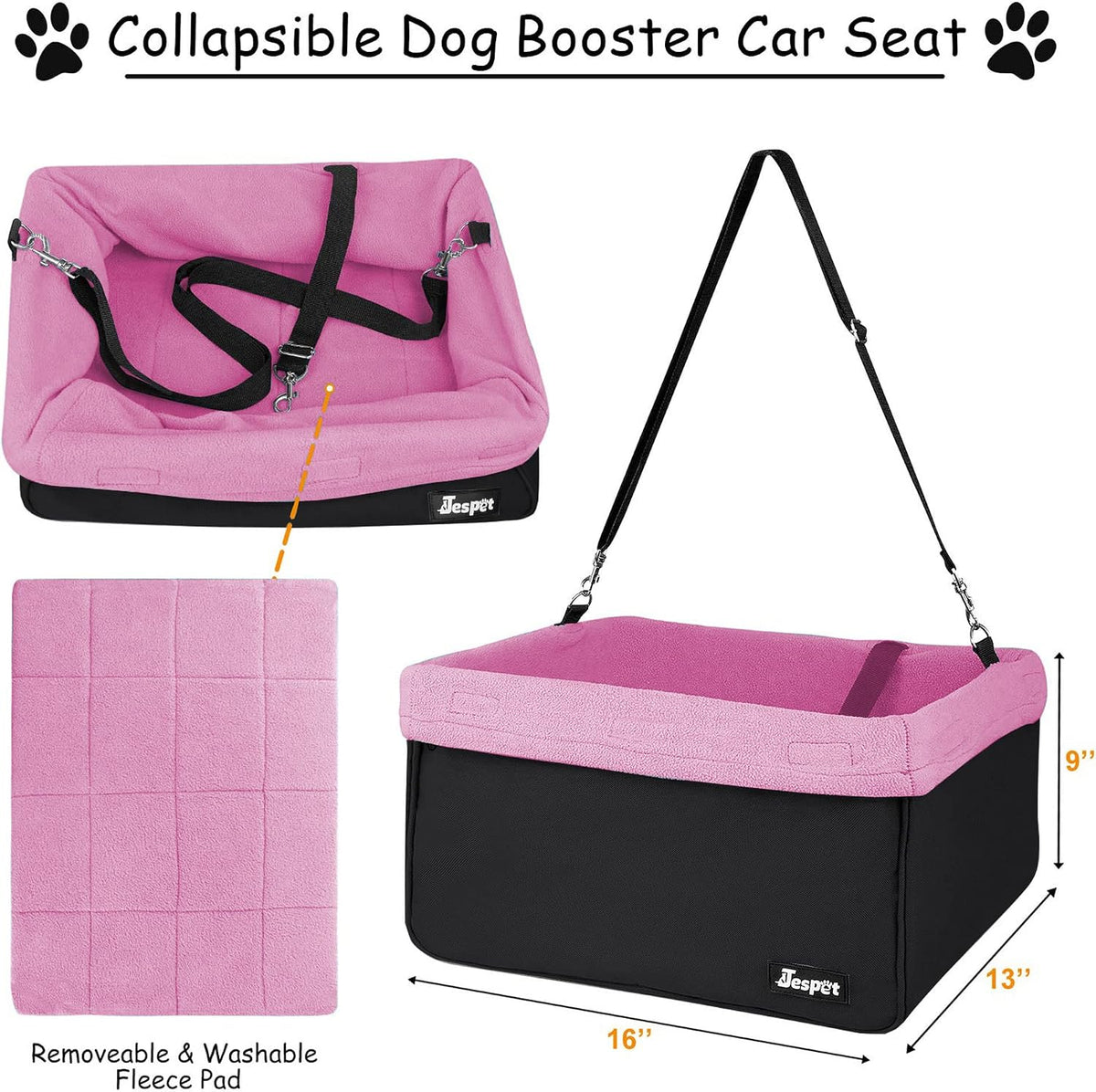 Jespet Dog Booster Seat for Cars, Travel Carrier with Seat Belt – Essentials for Dogs - Pink-16 L x 13" D x 9" H - image 4