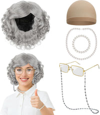 Huskein Old Lady Costume, Old Lady Cosplay Silver Bun Wig Glasses Wig Cap Pearl Necklace Bracelet - Grey-lady