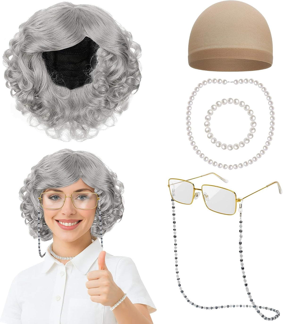 Huskein Old Lady Costume, Old Lady Cosplay Silver Bun Wig Glasses Wig Cap Pearl Necklace Bracelet - Grey-lady