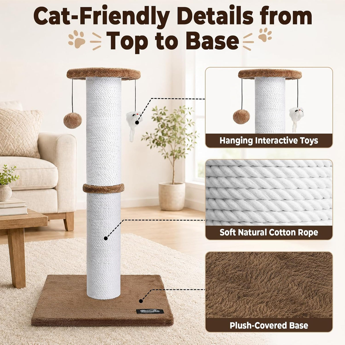 34-Inch Tall Cat Scratching Post for Large Cats, Stable Base - Tan - image 4