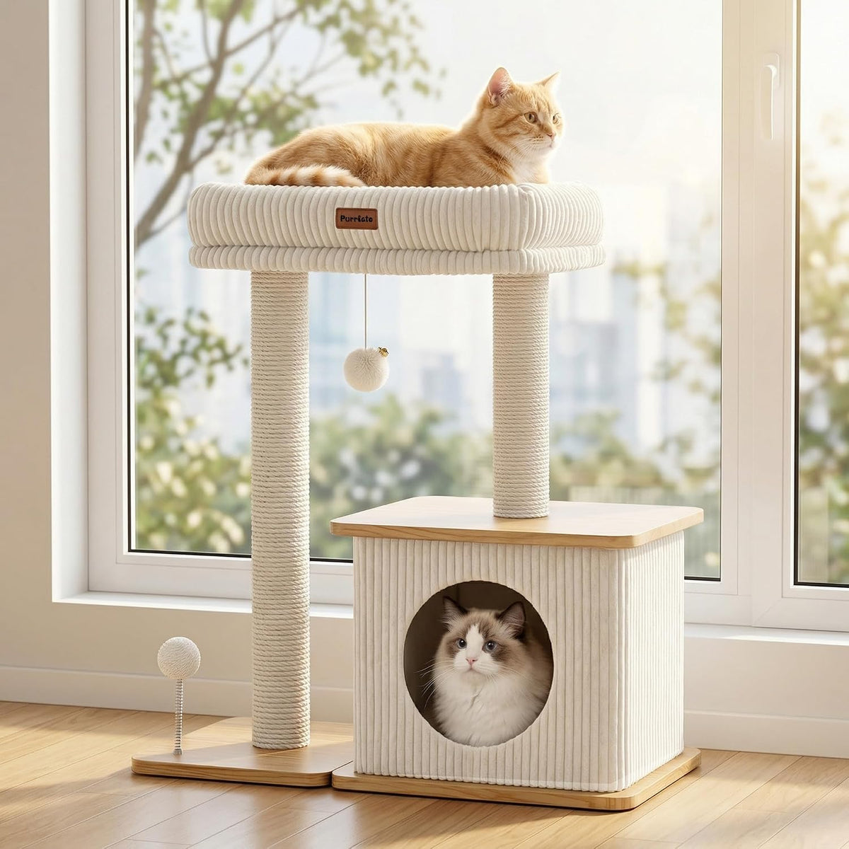 29" Small Cat Tree, Boho Wood Cat Tower with Sisal Scratching Post – Essentials for Cats - Ash White / Medium