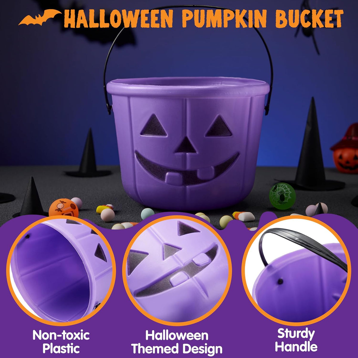 JOYIN 6 pack Halloween jack o lantern trick or treat pumpkin buckets with handles - view 4