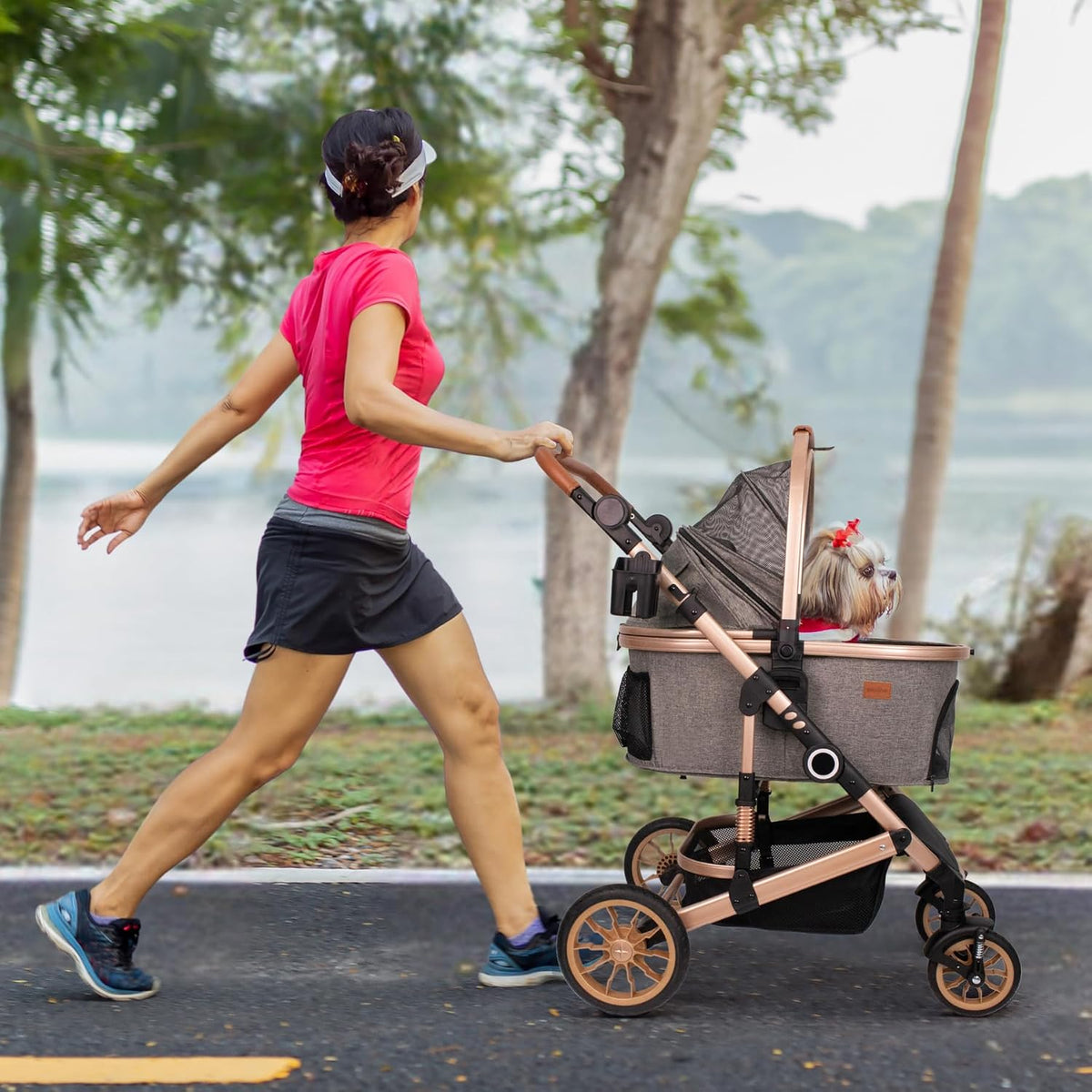 Bicystar Dog Stroller with Detachable Carrier, Rubber Wheels - Tan - image 2