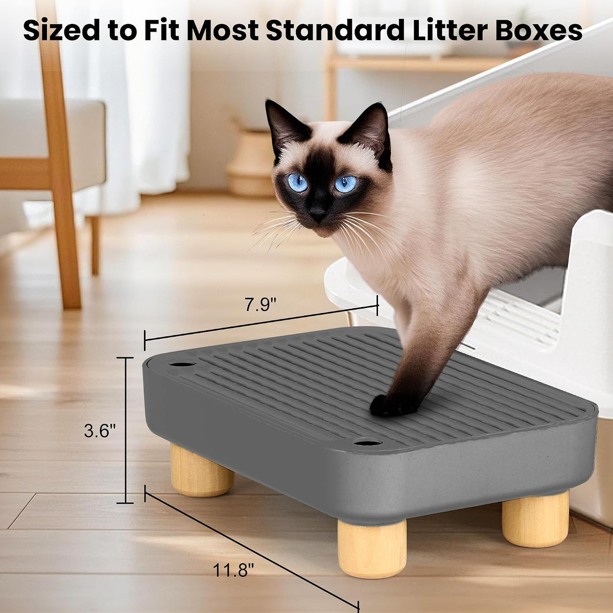 Litter Box Step, Litter Box Ramp/Catcher with Wooden Base - Dark Gray - image 2