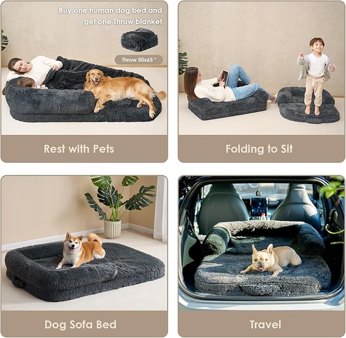EHEYCIGA Foldable XL Dog Bed, Faux Fur Fluffy Pet Couch Bed for Large Dogs, Orthopedic Calming Memory Foam Big Pet Bed, Washable Soft Pet Sofa Bed with Non-Slip Bottom, Dark Grey, 46"x34"x6.5"