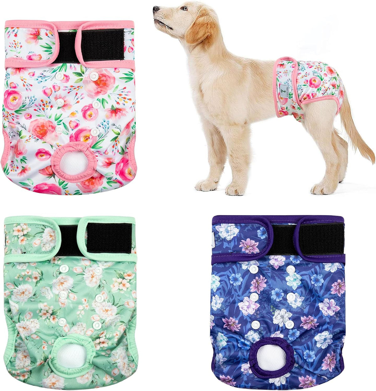 Reusable Dog Diapers Female Washable 3 Pack S Flowers for Heat – Essentials for Dogs - Purple / XL(17.5"-27"Waist) / 3